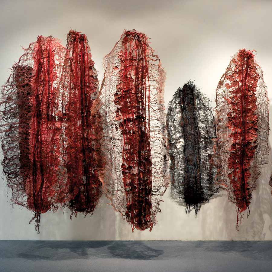 <strong>Nnenna Okore</strong>, <em>Emissaries</em>, 2009. Handmade paper, dye, burlap, jute rope and yarn, varied dimension approx. 274 x 366 cm.
