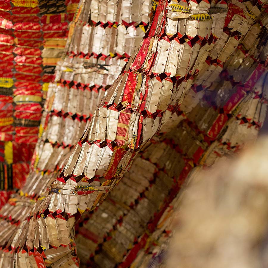 <strong>El Anatsui</strong>, <em>AG + BA</em> (detail), 2014. Aluminium, copper wire and nylon rope, Dimensions variable.