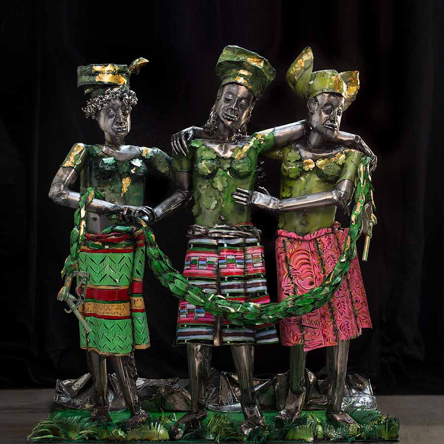 <strong>Sokari Douglas Camp</strong>, <em>Europe Supported by Africa and America</em> (detail), 2015. Steel, abalone, copper gold and copperleaf and petrol nozzles, 200 x 181 x 93 cm.